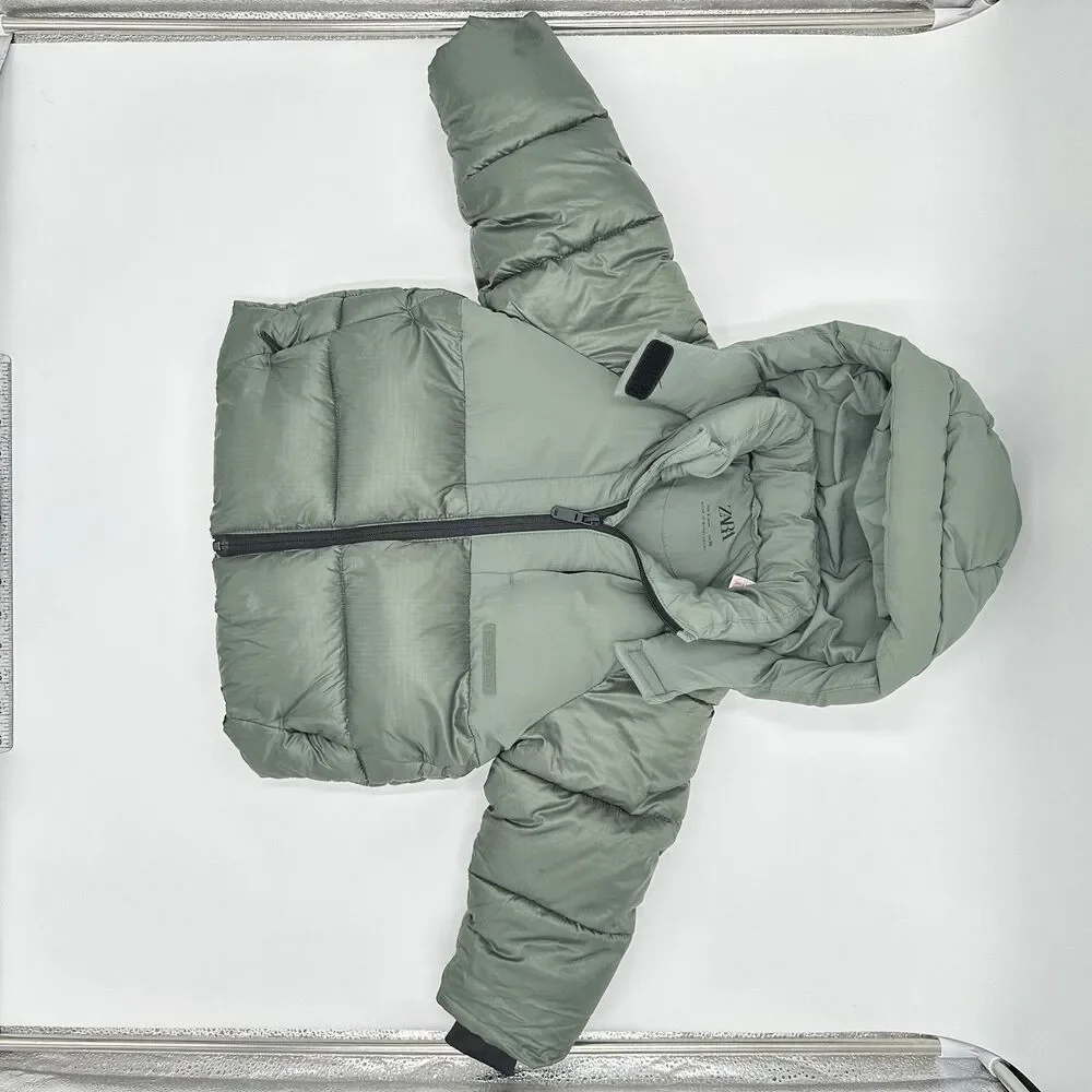 Zara Kids Toddler Green Puffer Coat Size 2 Years Hooded Winter Girls Zip Front